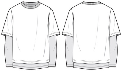 men's long sleeve crew neck t shirt flat sketch fashion illustration with front and back view. docto