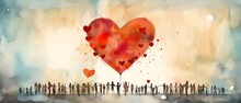 Community Banner With Silhouette Of People And A Big Red Heart In The Sky, Symbolizing Solidarity, Togetherness, Watercolor Illustration