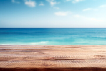 Poster - Wooden deck table top on blur sea and blue sky background - can be used for display or montage your products. High quality photo