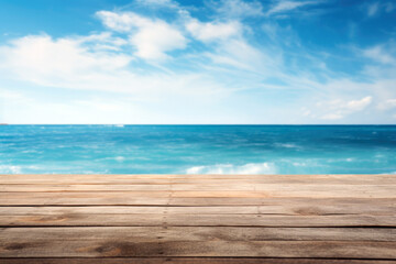 Poster - Wooden deck floor on the background of the sea and blue sky background. High quality photo