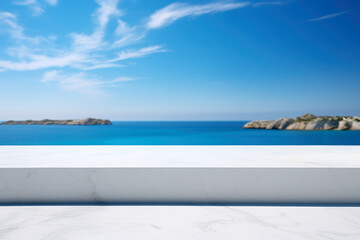 white marble table top with sea view background - can be used for display or montage your products. 
