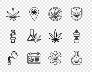 Poster - Set line Watering can marijuana, Test tube with, Stop, Calendar and, Marijuana or cannabis leaf, and Cup coffee icon. Vector