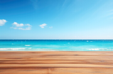 Poster - Wooden table top on blur beach background - can be used for display or montage your products. High quality photo