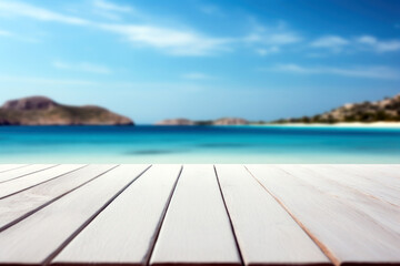 White wood table top on blur beach background - can be used for display or montage your products. High quality photo