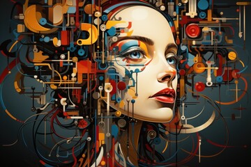 Wall Mural - A woman's face is surrounded by various colored circles. Generative AI.