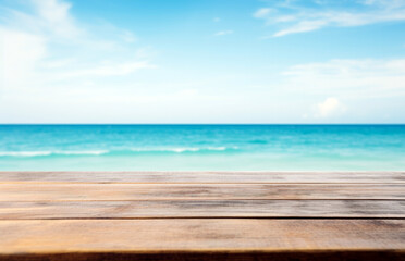 Poster - Wood table top on blur tropical beach background - can be used for display or montage your products. High quality photo