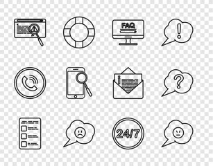 Sticker - Set line Create account screen on mobile, Speech bubble with angry smile, Monitor FAQ information, sad, System bug concept, Mobile phone diagnostics, Clock 24 hours and Question icon. Vector