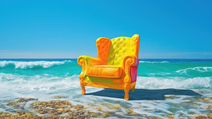 Poster - A yellow beach chair on a beach with the sun shining on it. Generative Ai