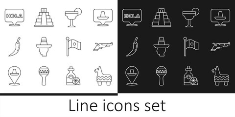 Sticker - Set line Pinata, Vintage pistols, Margarita cocktail, Mexican man sombrero, Hot chili pepper pod, Hola, Mexico flag and Chichen Itza Mayan icon. Vector