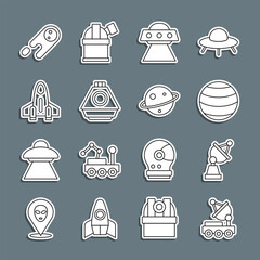 Sticker - Set line Mars rover, Satellite dish, Planet, UFO flying spaceship, Space capsule, Rocket, Comet falling down fast and Saturn icon. Vector