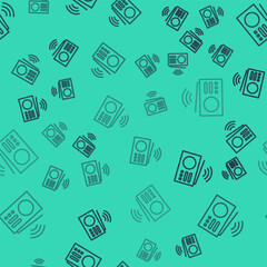 Poster - Black line Smart radio system icon isolated seamless pattern on green background. Internet of things concept with wireless connection. Vector