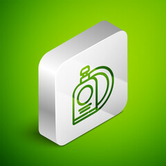 Sticker - Isometric line Dishwashing liquid bottle and plate icon isolated on green background. Liquid detergent for washing dishes. Silver square button. Vector Illustration