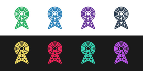 Sticker - Set line Antenna icon isolated on black and white background. Radio antenna wireless. Technology and network signal radio antenna. Vector