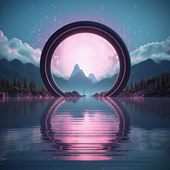 Wall Mural - Abstract neon background with super moon and circle shape, Beautiful frame and extraterrestrial landscape under the night sky and Rocks. Futuristic technology minimalist background. Generative AI.