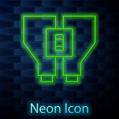 Poster - Glowing neon line Binoculars icon isolated on brick wall background. Find software sign. Spy equipment symbol. Vector