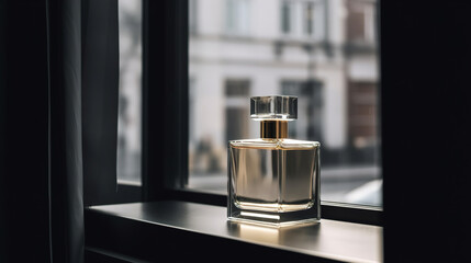 Wall Mural - Perfume bottle in a minimalist style on a shop window. AI generation