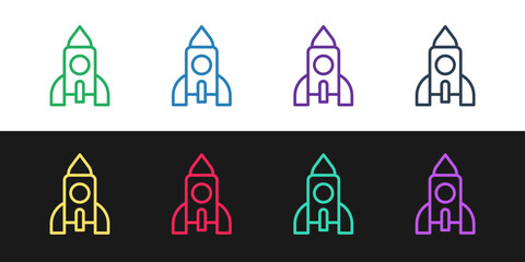 Poster - Set line Rocket ship toy icon isolated on black and white background. Space travel. Vector