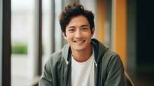 Men's Skin Care Grooming Life, Asian Young Man Smiling As He Shows His Beautiful Radiant Skin. Generative AI
