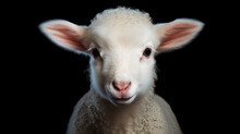 White lamb isolated on black background. cute portrait of a fluffy sheep