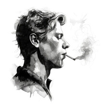 Drawing Of A Man Smoking Cigaret Black And White On White Background 