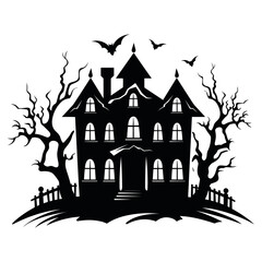 Vector haunted house black and white illustration. Halloween background with silhouette of spooky cottage, ghosts, bats, cemetery. Scary Samhain party invitation or card design. stock illustration