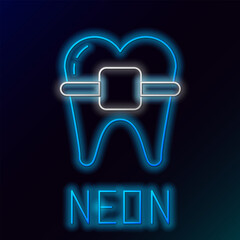 Canvas Print - Glowing neon line Teeth with braces icon isolated on black background. Alignment of bite of teeth, dental row with with braces. Dental concept. Colorful outline concept. Vector