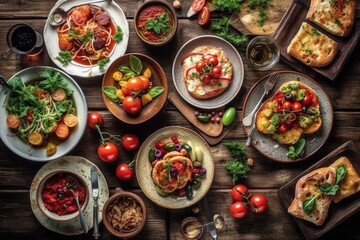 Wall Mural - Full table of italian meals on plates Pizza, pasta, ravioli, carpaccio. caprese salad and tomato bruschetta on black background. Top view. Image generated by artificial intelligence