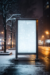 Wall Mural - Blank white digital billboard poster on city street during a snowfall 