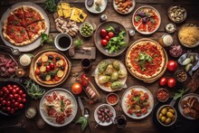 Full Table Of Italian Meals On Plates Pizza, Pasta, Ravioli, Carpaccio. Caprese Salad And Tomato Bruschetta On Black Background. Top View. Image Generated By Artificial Intelligence