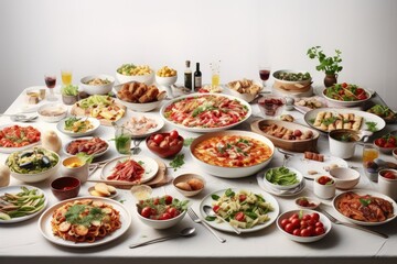 Wall Mural - Full table of italian meals on plates Pizza, pasta, ravioli, carpaccio. caprese salad and tomato bruschetta on black background. Top view. Image generated by artificial intelligence