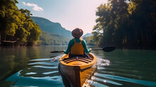 Rear View Of Woman Riding Canoe In Stream With Background Of Beautiful Landscape.