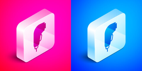 Poster - Isometric Scanner scanning bar code icon isolated on pink and blue background. Barcode label sticker. Identification for delivery with bars. Silver square button. Vector
