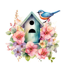 Cute Watercolor Birdhouse Isolated. Illustration AI Generative.