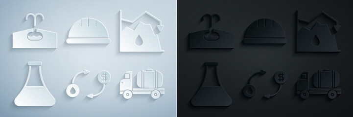 Sticker - Set Oil exchange, Drop in crude oil price, petrol test tube, Tanker truck, Worker safety helmet and Oilfield icon. Vector