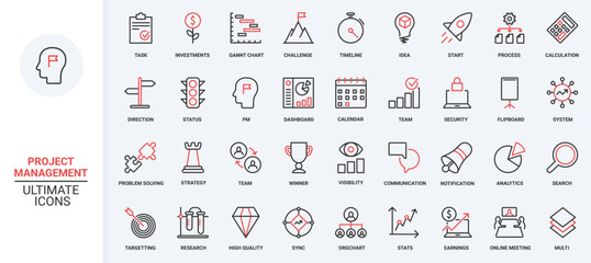 Wall Mural - Vector illustration of trendy red black thin line icons set creative business strategy project management, idea plan startup launch, success vision, solution problem-solving, finance investment.
