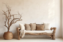 Rustic Aged Wood Tree Trunk Bench With Pillows Near Stucco Wall With Dried Twig Decor. Boho Interior Design Of Modern Living Room With Window In Farmhouse.ai Generative