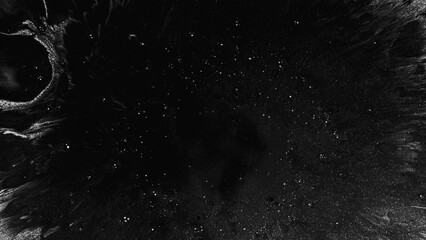 Grain splash. Mysterious dark galaxy. Black glitter ink spreading dirty surface night star sky abstract texture with empty space.