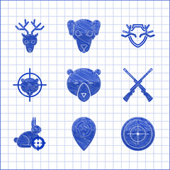 Poster - Set Bear head, Hunt place, Target sport for shooting competition, Two crossed shotguns, rabbit with crosshairs, bear, Deer antlers shield and icon. Vector