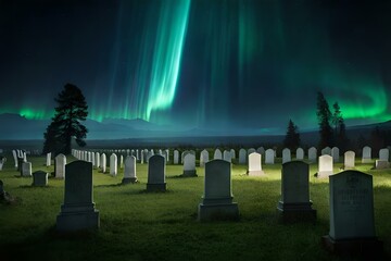 Wall Mural - cemetery at night with a cross