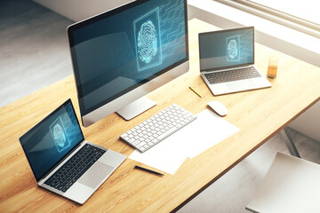 Poster - Abstract creative fingerprint hologram on modern computer monitor, protection of personal information concept. 3D Rendering