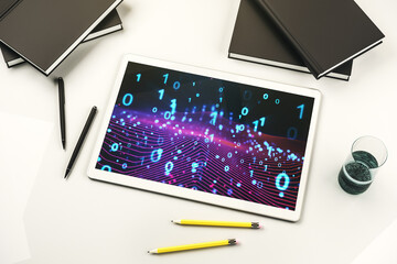 Aufkleber - Creative abstract binary code hologram on modern digital tablet display, AI and machine learning concept. Top view. 3D Rendering