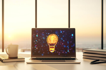 Poster - Modern computer monitor with creative light bulb hologram with human brain, idea and brainstorming concept. 3D Rendering