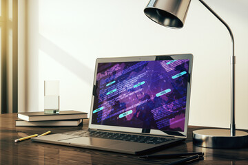 Aufkleber - Modern computer display with abstract software development hologram and world map, global research and analytics concept. 3D Rendering