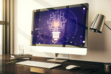 Poster - Modern computer monitor with creative light bulb hologram and chip on laptop background, idea and brainstorming concept. 3D Rendering
