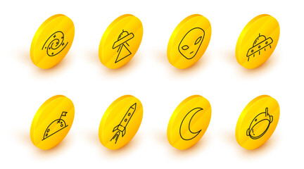 Poster - Set line Astronaut helmet, Moon and stars, Rocket ship with fire, Planet flag, UFO flying spaceship, Alien, and Black hole icon. Vector