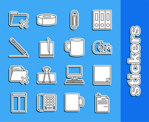 Sticker - Set line File document and binder clip, Scotch, Paper, Pencil with eraser line, Delete folder and Coffee cup flat icon. Vector