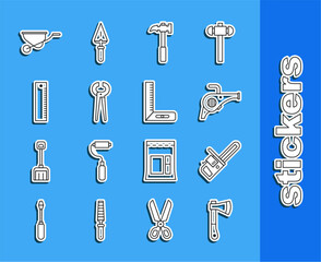 Wall Mural - Set line Wooden axe, Chainsaw, Leaf garden blower, Claw hammer, Pincers and pliers, Ruler, Wheelbarrow and Corner ruler icon. Vector