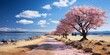 cherry blossoms in spring landscape wallpaper background. generative ai