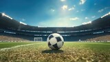Fototapeta Sport - Soccer ball on green grass at soccer stadium.