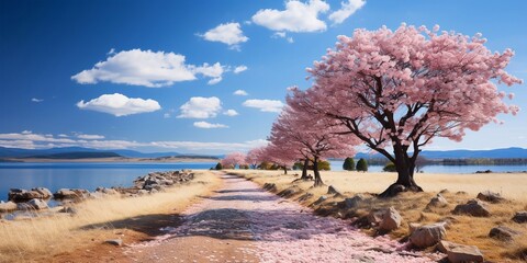 cherry blossoms in spring landscape wallpaper background. generative ai